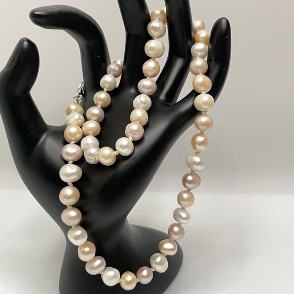 Bridal Tri Color Freshwater Pearl Beaded Silk Double Knotted Necklace Silver - Picture 2 of 8